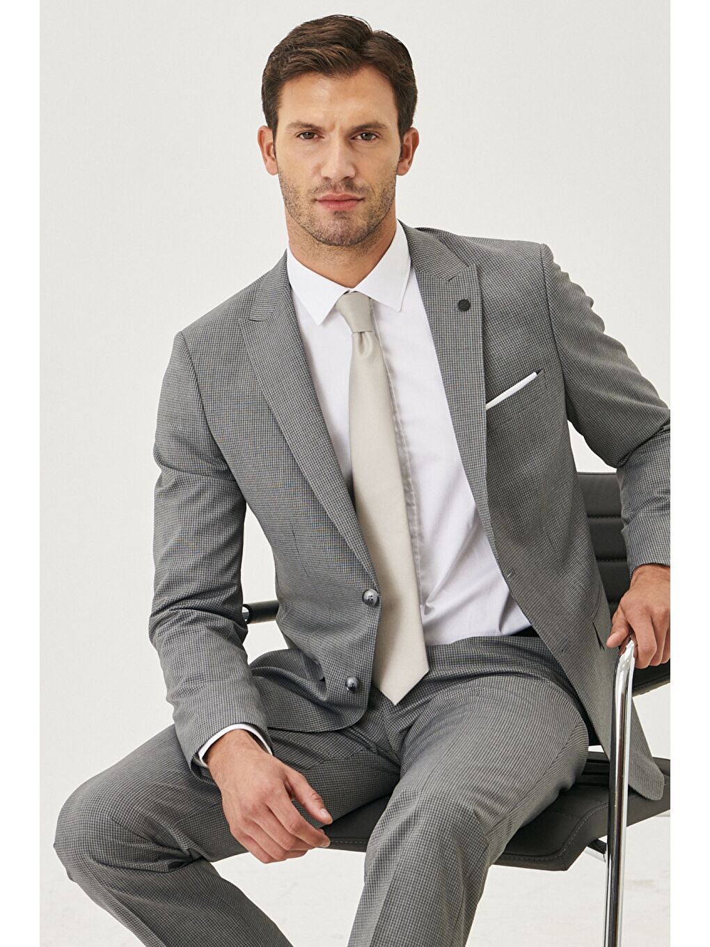 Erkek Gri Slim Fit Desenli Takım Elbise-4