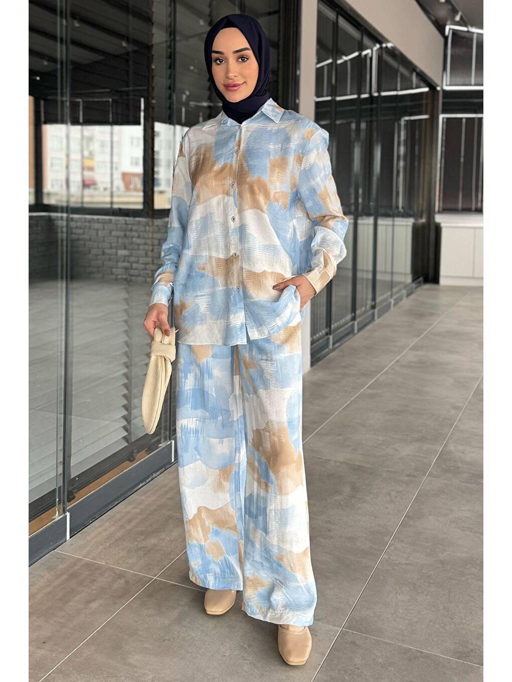 Mavi Kadın Desenli Tunik Pantolon Tesettür İkili Takım-3