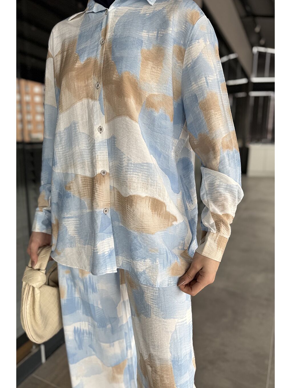 Mavi Kadın Desenli Tunik Pantolon Tesettür İkili Takım-4