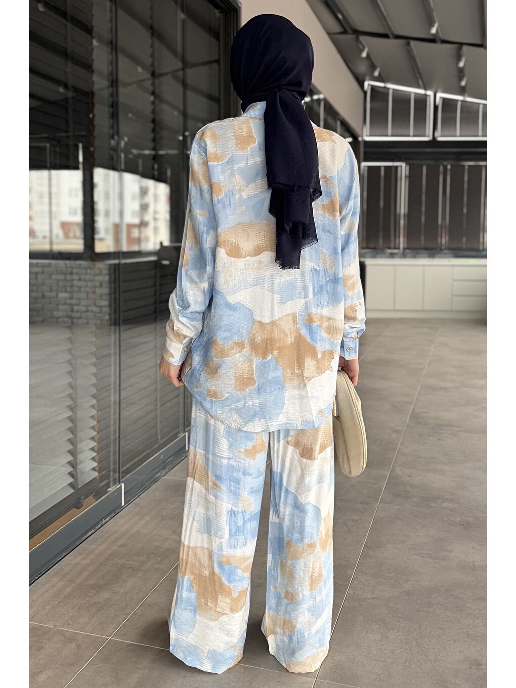 Mavi Kadın Desenli Tunik Pantolon Tesettür İkili Takım-7