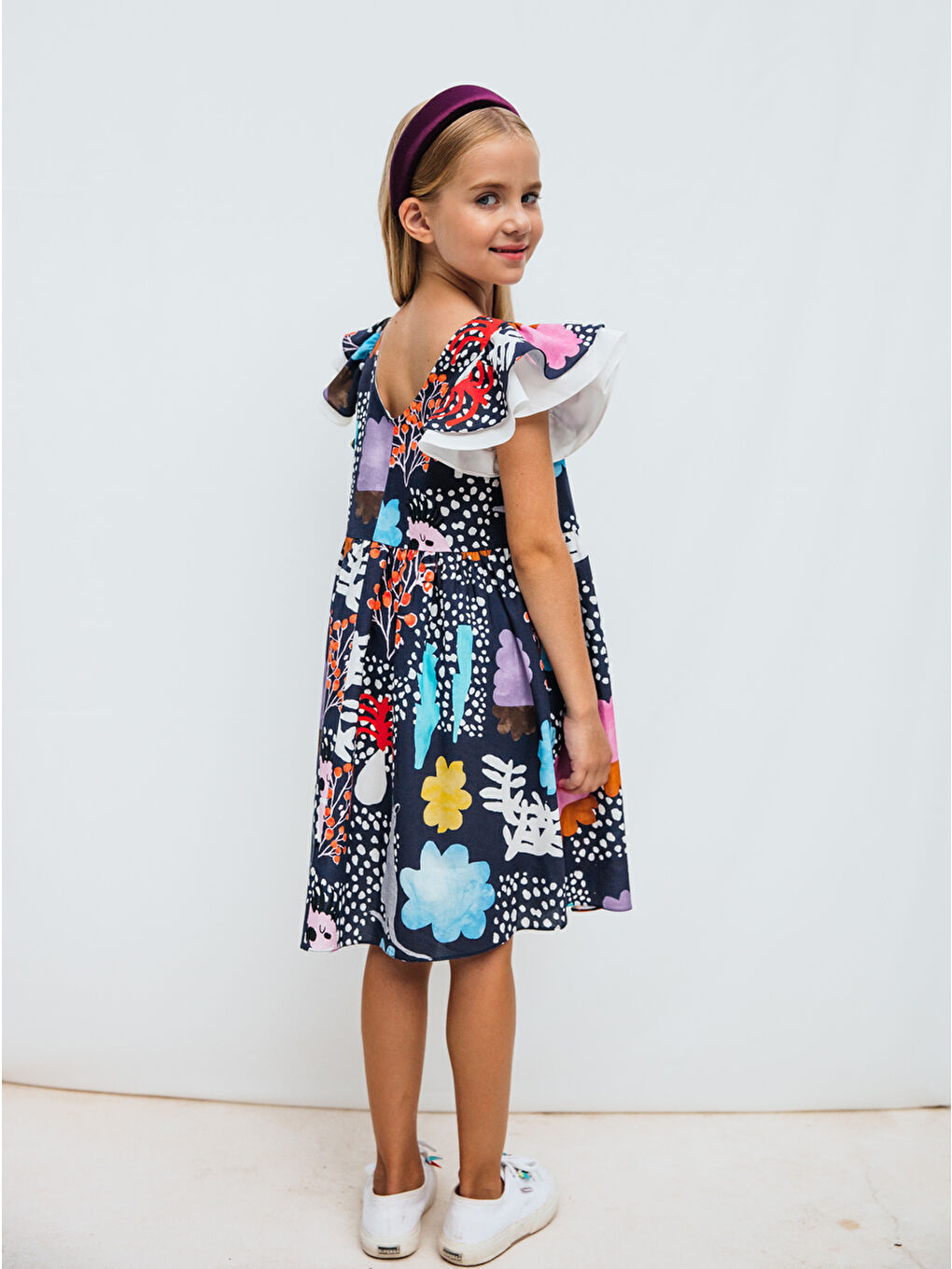 Lacivert Pamuklu Desenli Kısa Kollu Kız Çocuk Elbise-1