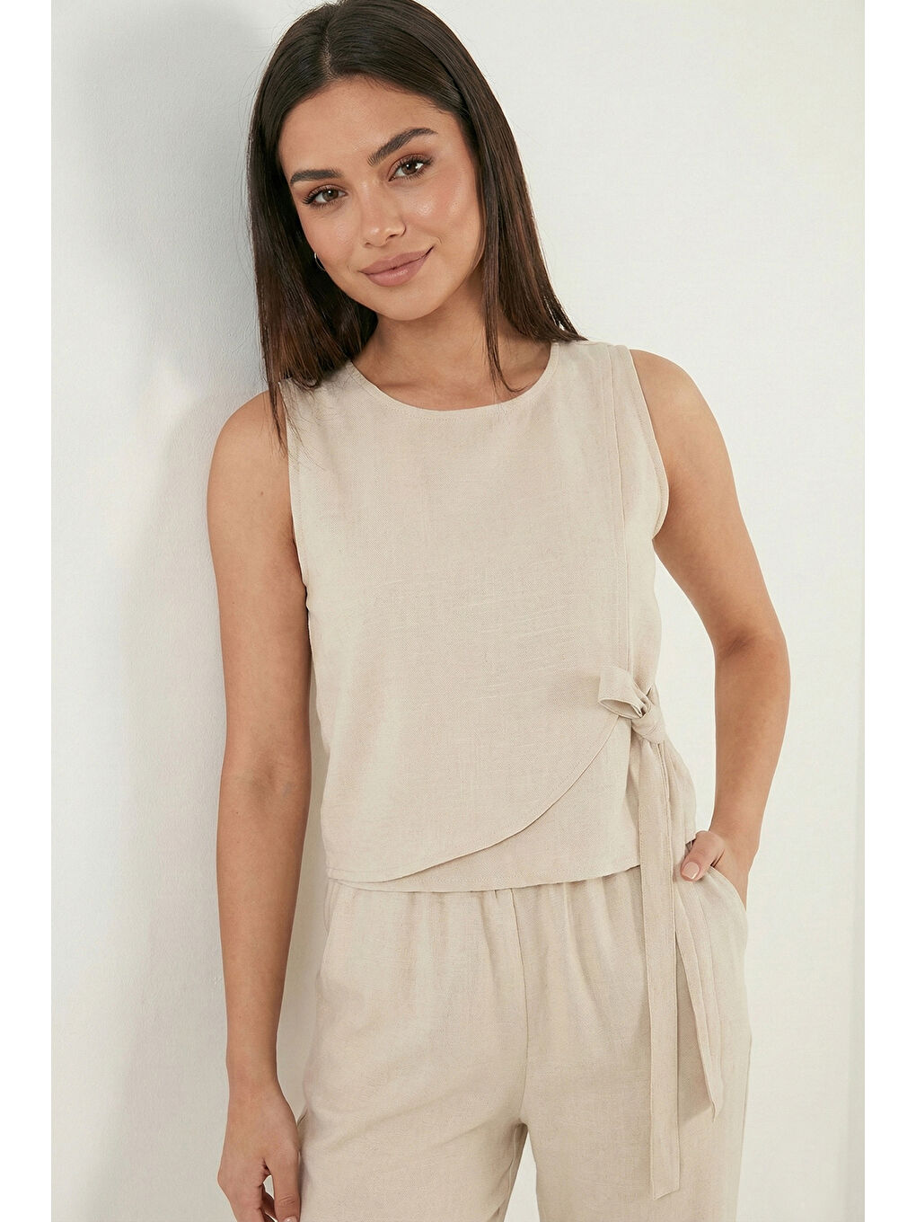 Bej Regular Fit Bağlama Detaylı Bisiklet Yaka Kadın Takım 5866466-4