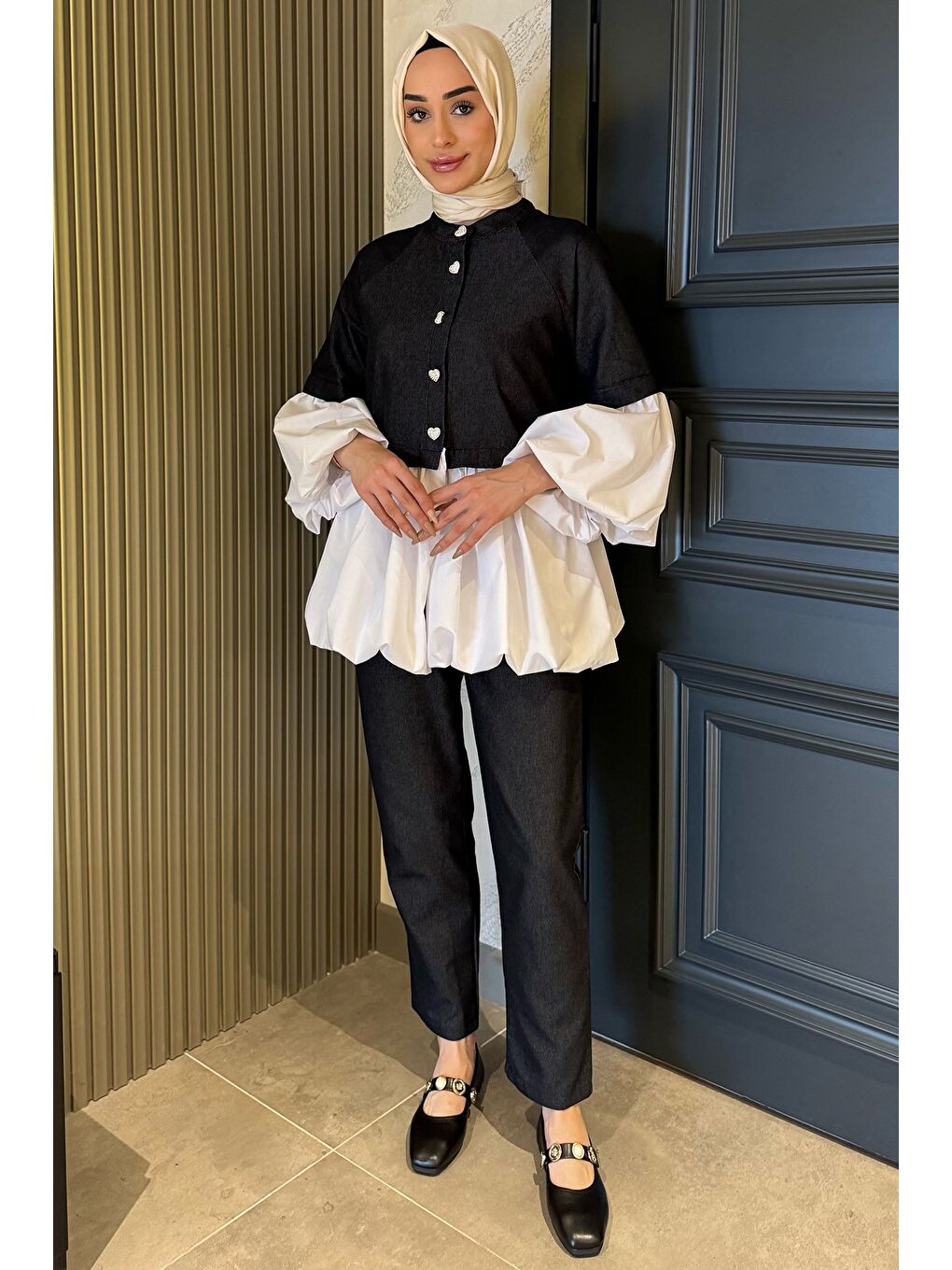 Siyah Balon Kol Garnili Taşlanmış Jean Tunik Pantolon Tesettür İkili Takım-2