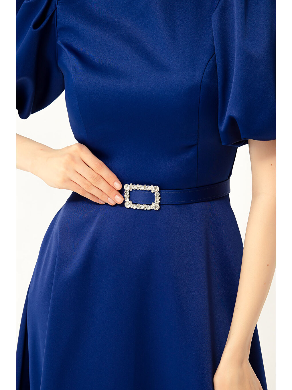 Mavi Kadın Saks Balon Kollu Taşlı Kemerli Mini Saten Abiye Elbise-1