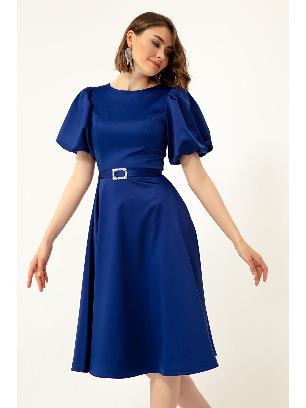 Mavi Kadın Saks Balon Kollu Taşlı Kemerli Mini Saten Abiye Elbise-2