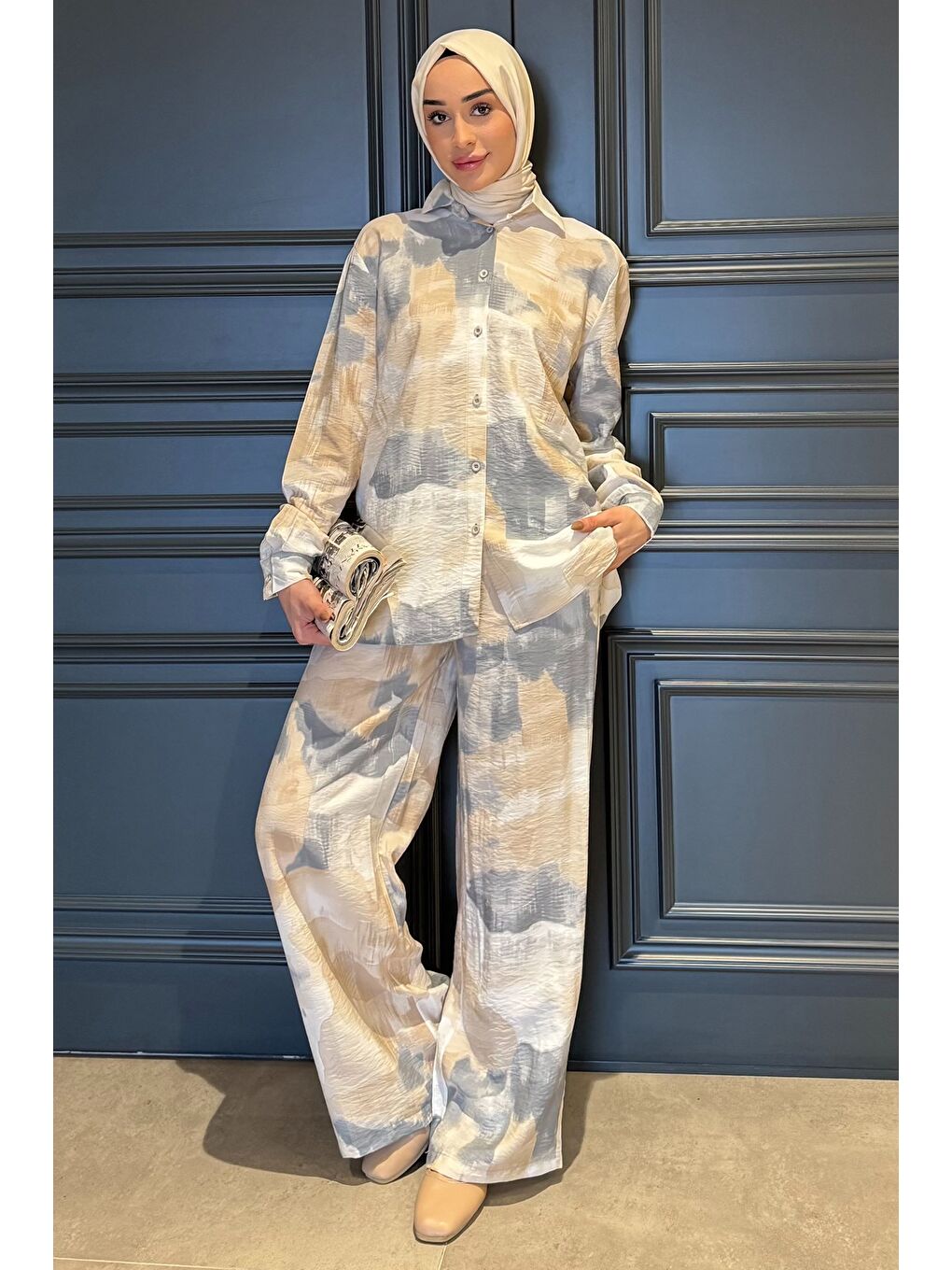 Gri Kadın Desenli Tunik Pantolon Tesettür İkili Takım