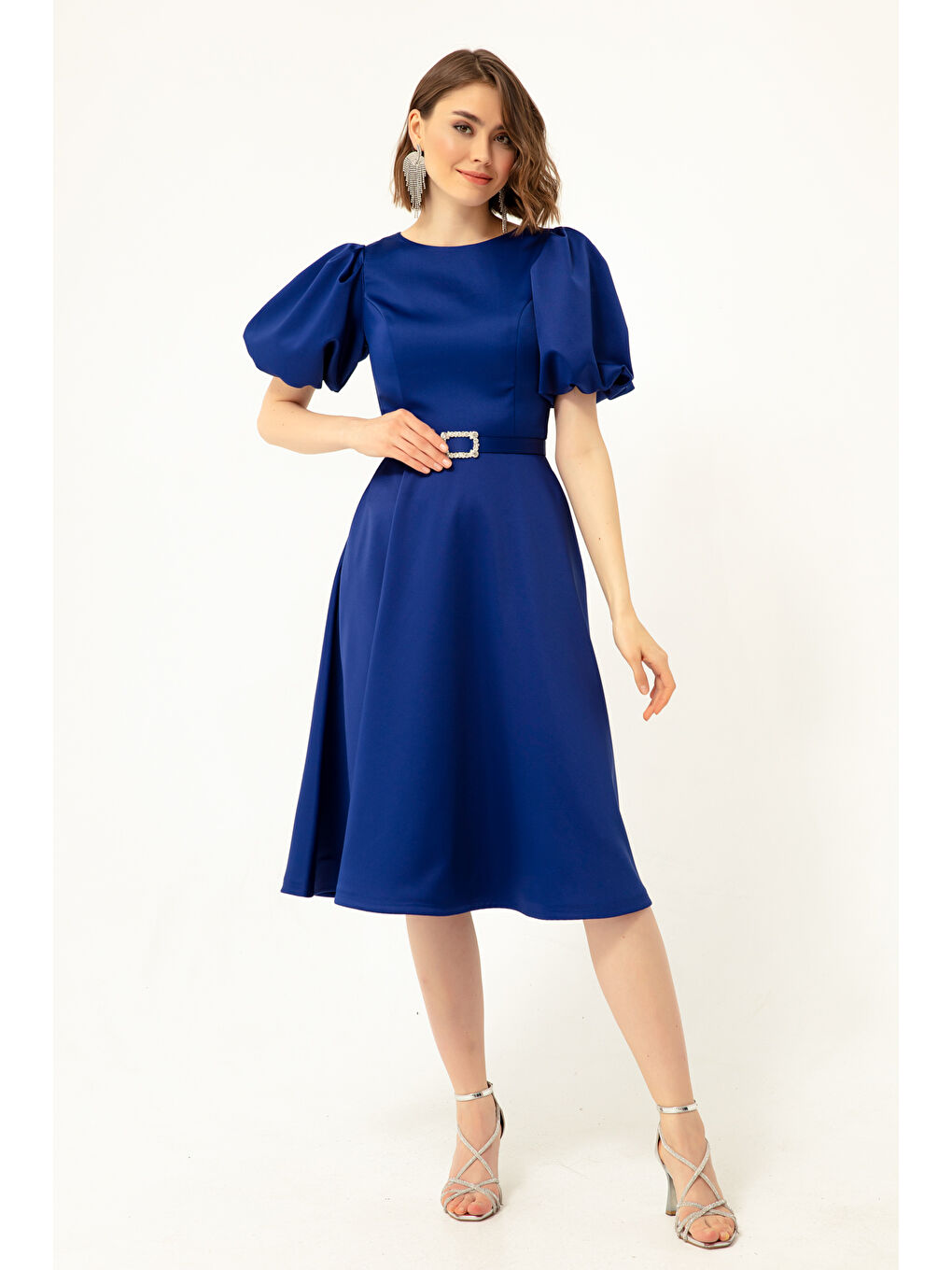 Mavi Kadın Saks Balon Kollu Taşlı Kemerli Mini Saten Abiye Elbise-3