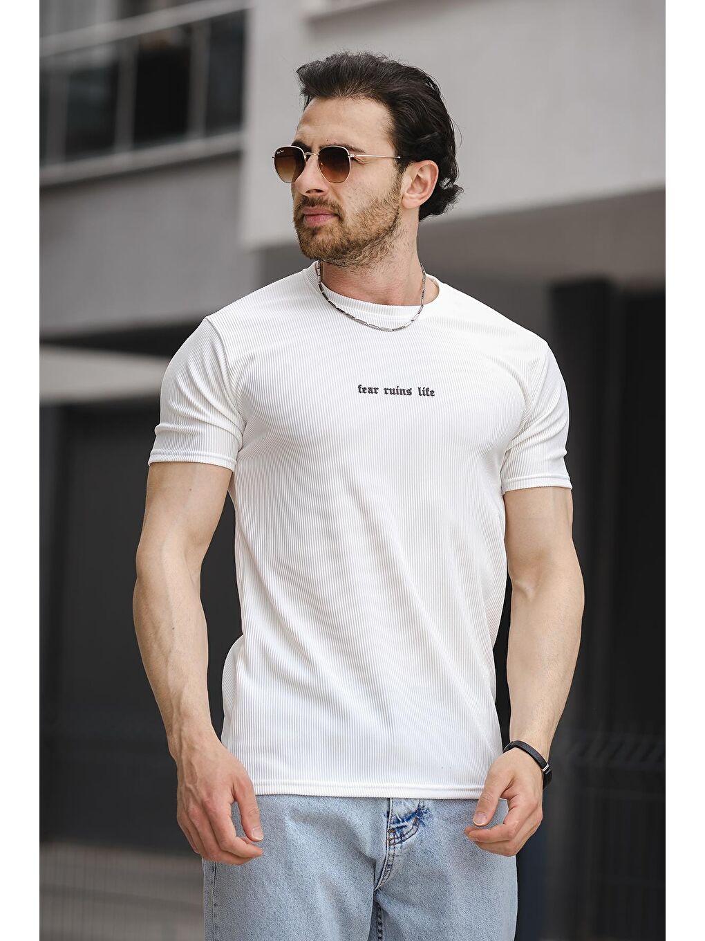 Beyaz Bisiklet Yaka Kısa Kollu Baskılı Erkek Tişört-1