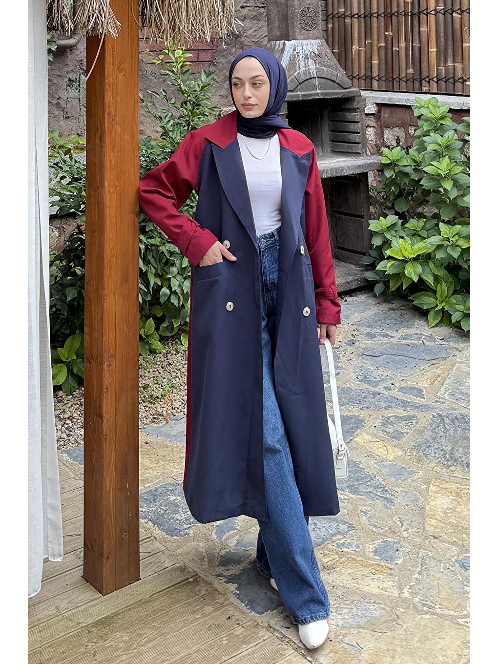 Retrica İki Renk Trençkot Bordo