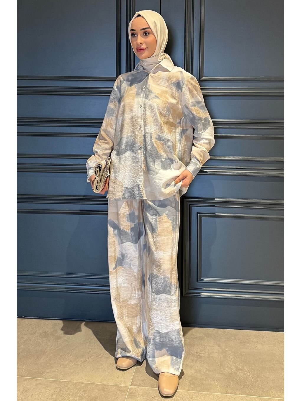 Gri Kadın Desenli Tunik Pantolon Tesettür İkili Takım-2