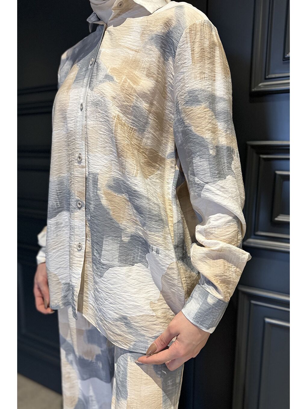 Gri Kadın Desenli Tunik Pantolon Tesettür İkili Takım-4