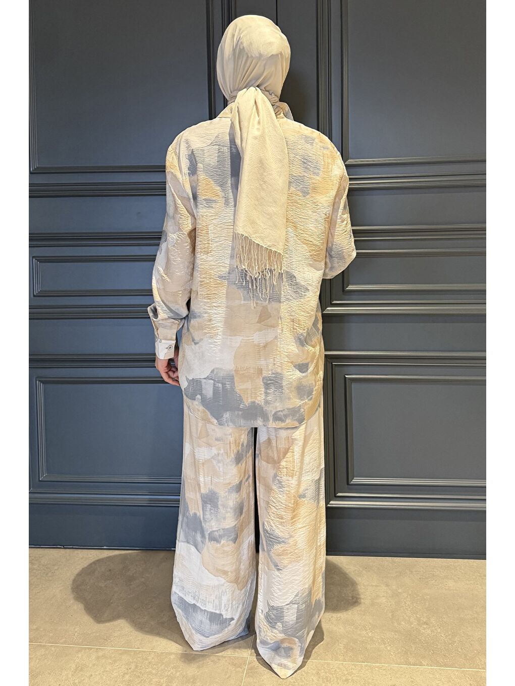 Gri Kadın Desenli Tunik Pantolon Tesettür İkili Takım-7