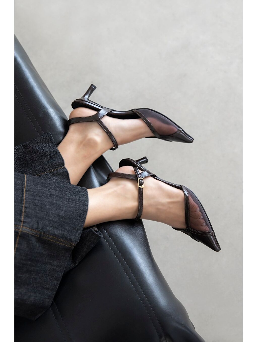 Kahverengi Desira Kadın Topuklu File Detay Kırışık Deri Ayakkabı Kahve-1