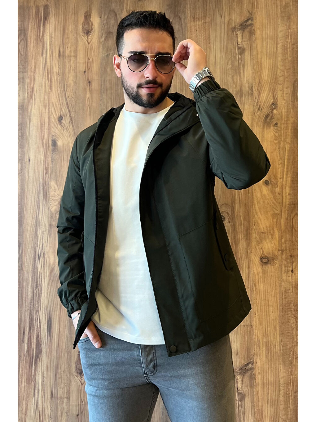 Haki Erkek Fermuarlı ve Çıtçıtlı Kapüşonlu Mevsimlik Mont-1