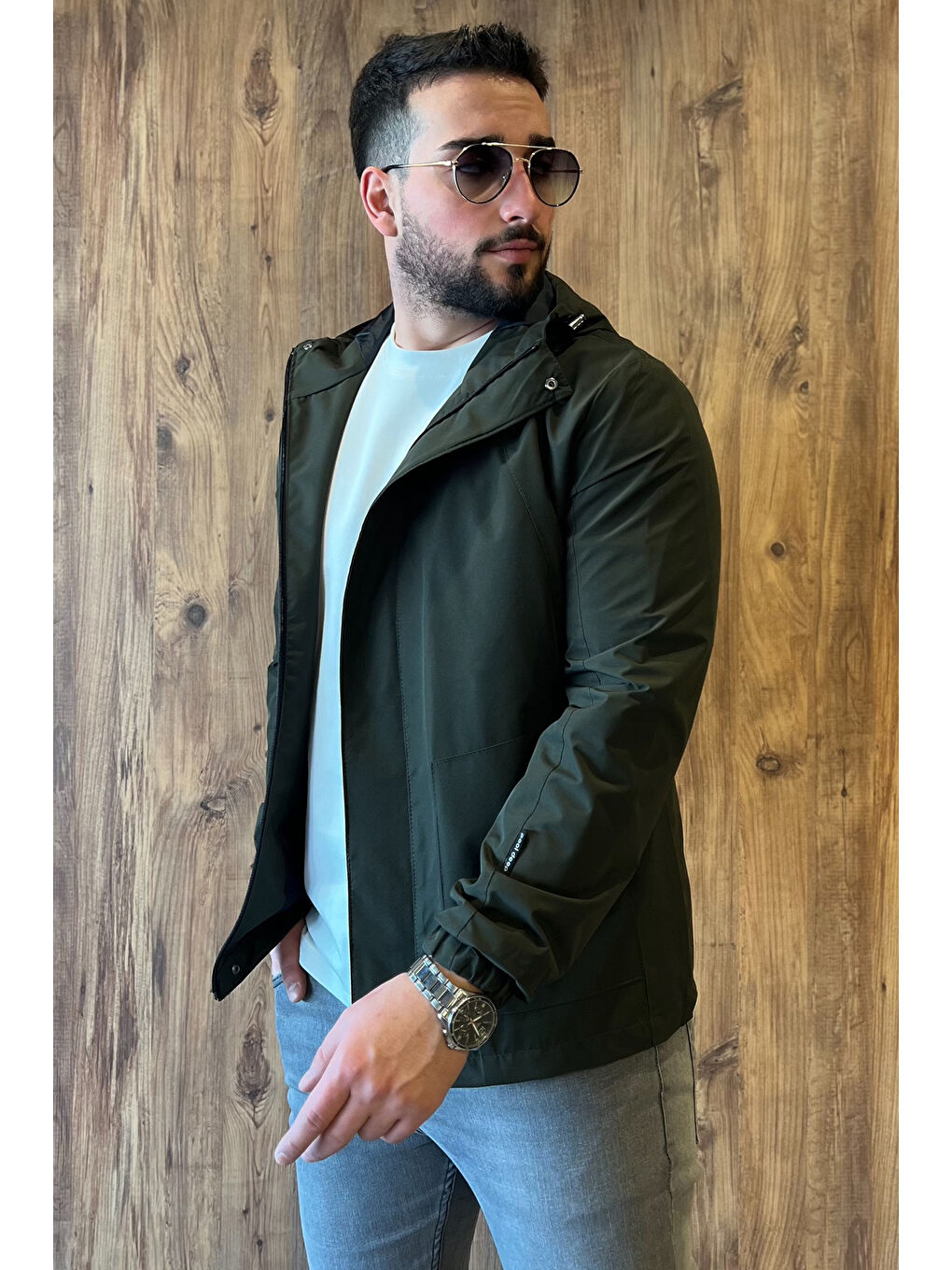 Haki Erkek Fermuarlı ve Çıtçıtlı Kapüşonlu Mevsimlik Mont-2