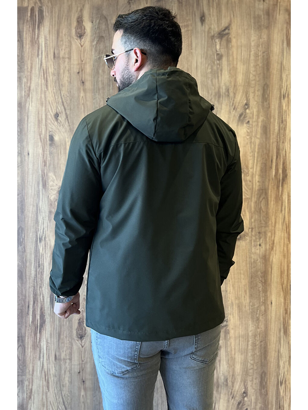 Haki Erkek Fermuarlı ve Çıtçıtlı Kapüşonlu Mevsimlik Mont-3