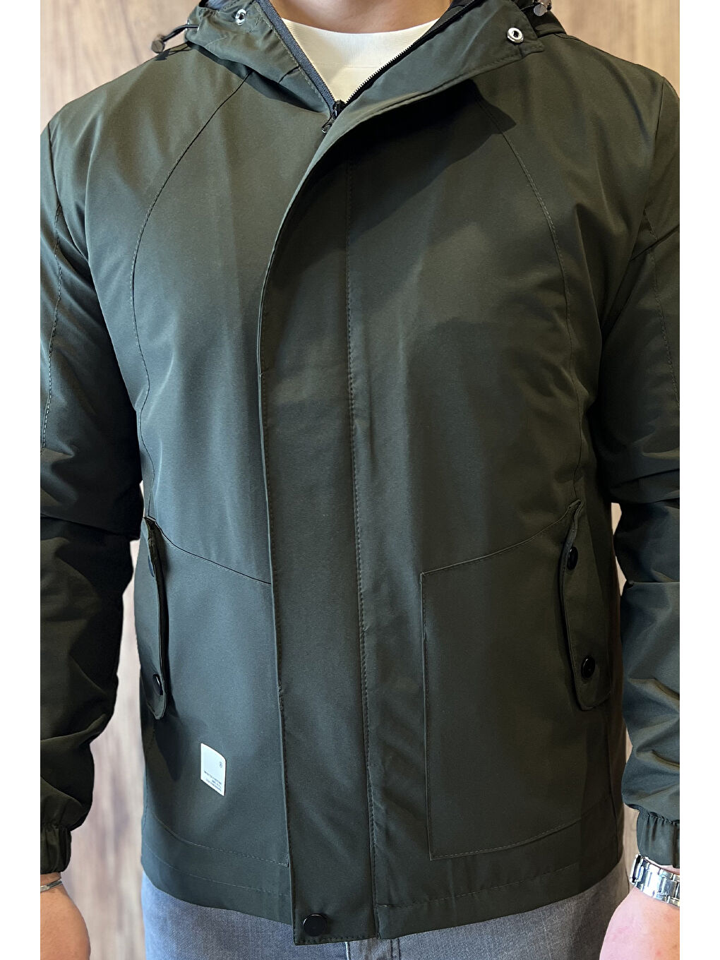 Haki Erkek Fermuarlı ve Çıtçıtlı Kapüşonlu Mevsimlik Mont-4