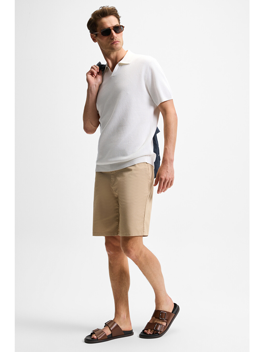 Bej TEEMO Erkek Yanları Cepli Fermuarlı Elastanlı Slim Fit BEJ Şort-4