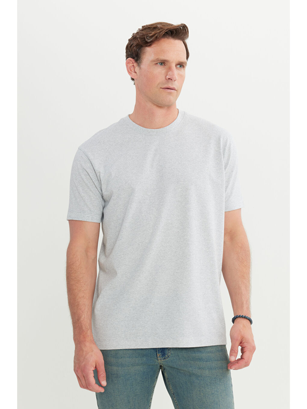 Erkek Gri Melanj Pamuklu Modern Fit Rahat Kesim Bisiklet Yaka Tişört-2