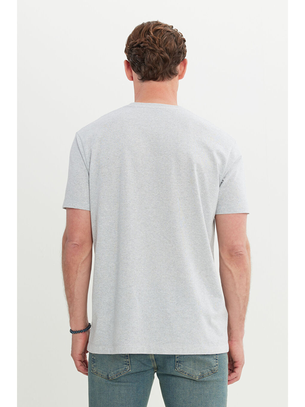 Erkek Gri Melanj Pamuklu Modern Fit Rahat Kesim Bisiklet Yaka Tişört-4