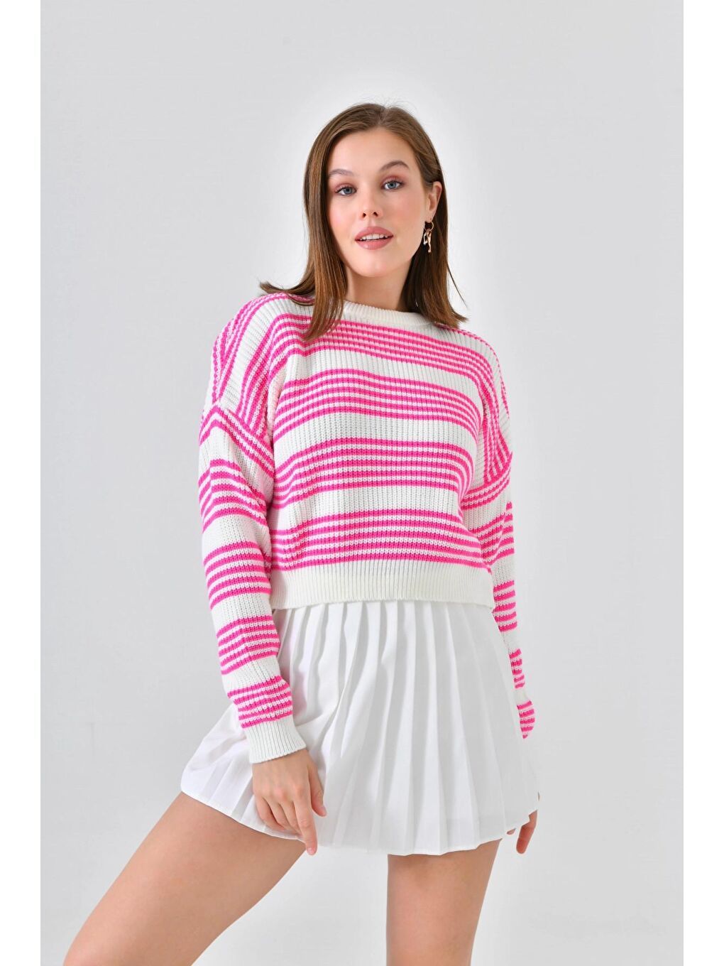 Fuşya Basic Çizgili Bisiklet Yaka Triko Kazak-1