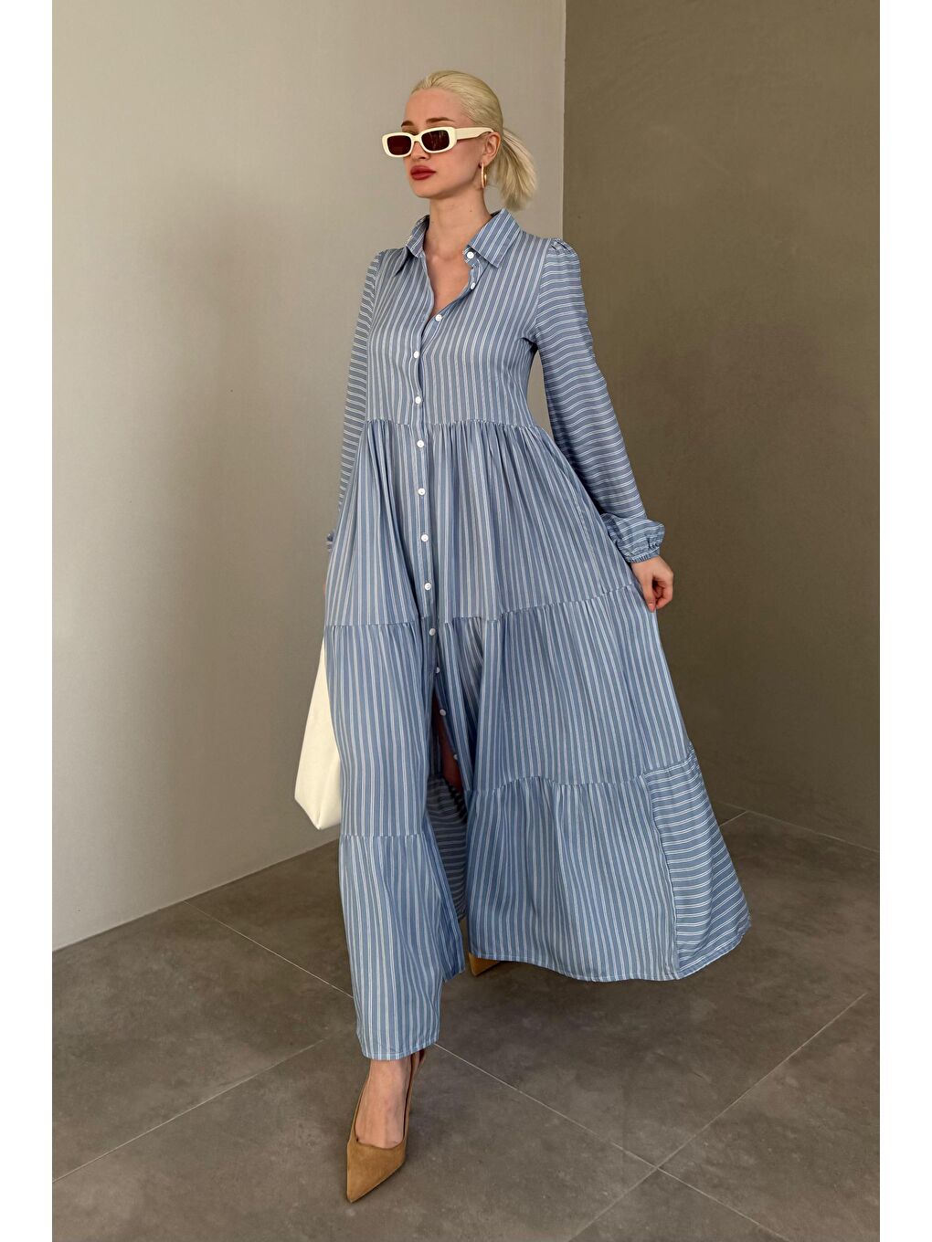 Mavi Düğmeli Puantiyeli Uzun Elbise Mg2404-2