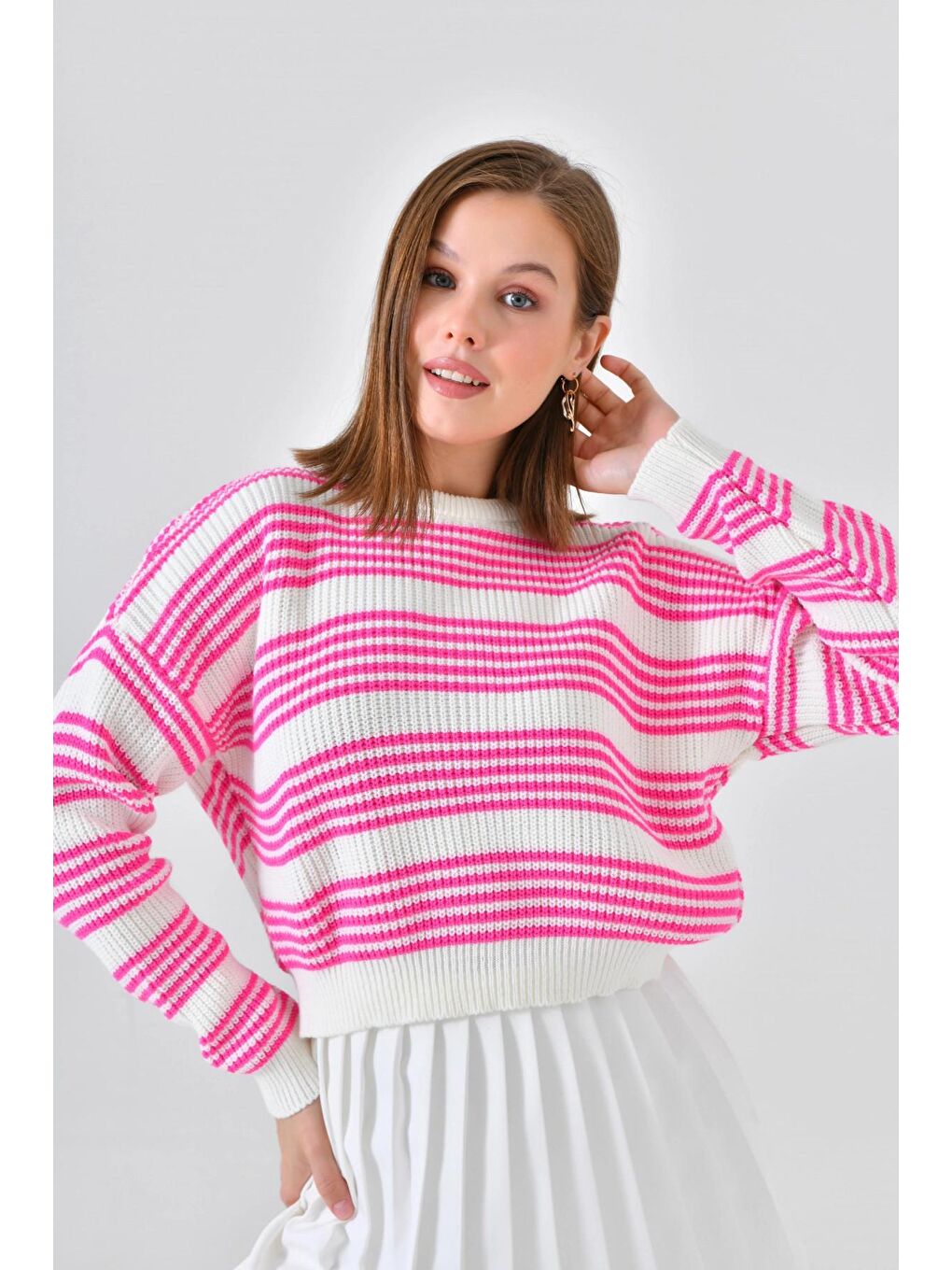 Fuşya Basic Çizgili Bisiklet Yaka Triko Kazak-3