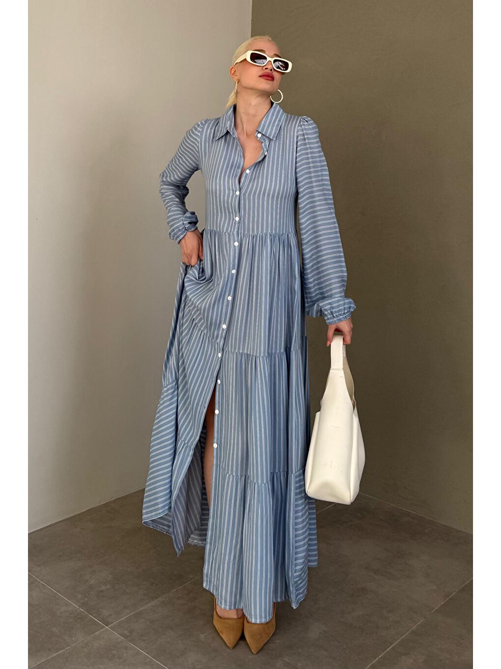 Mavi Düğmeli Puantiyeli Uzun Elbise Mg2404-3