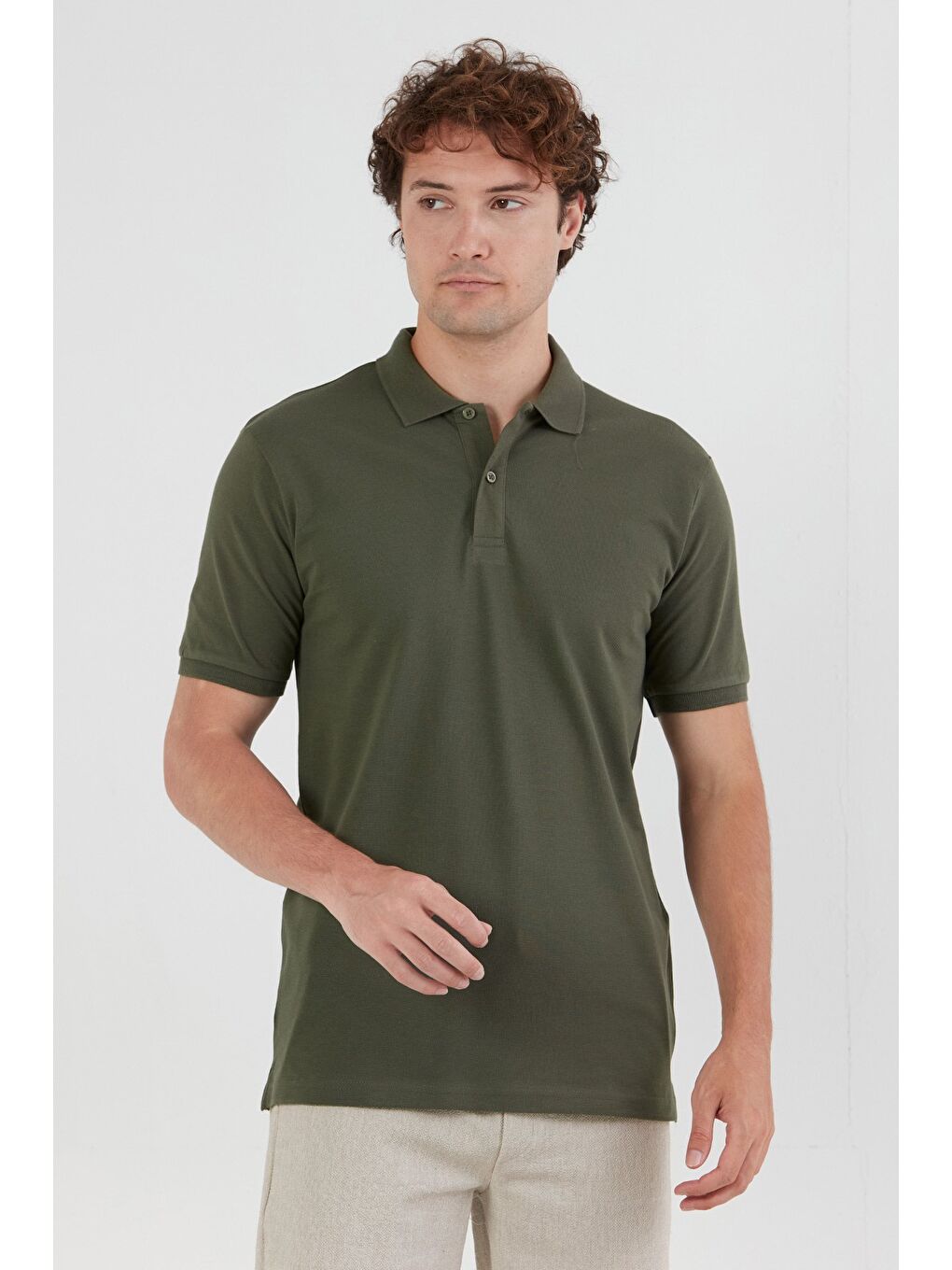 Haki Basic Polo Yaka Yarım Düğmeli Tişört-2