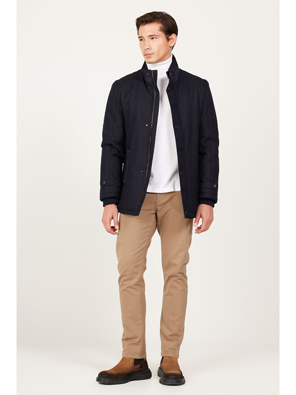 Erkek Lacivert Standart Fit Normal Kesim Dik Yaka Kaban-1