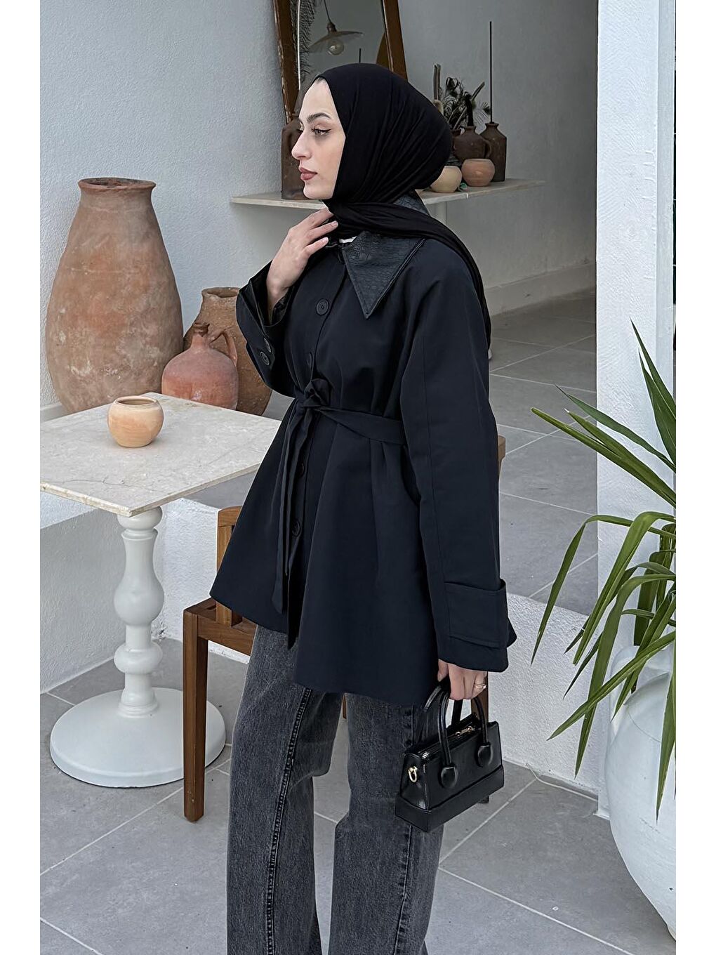 Garni Yaka Trençkot Siyah-1