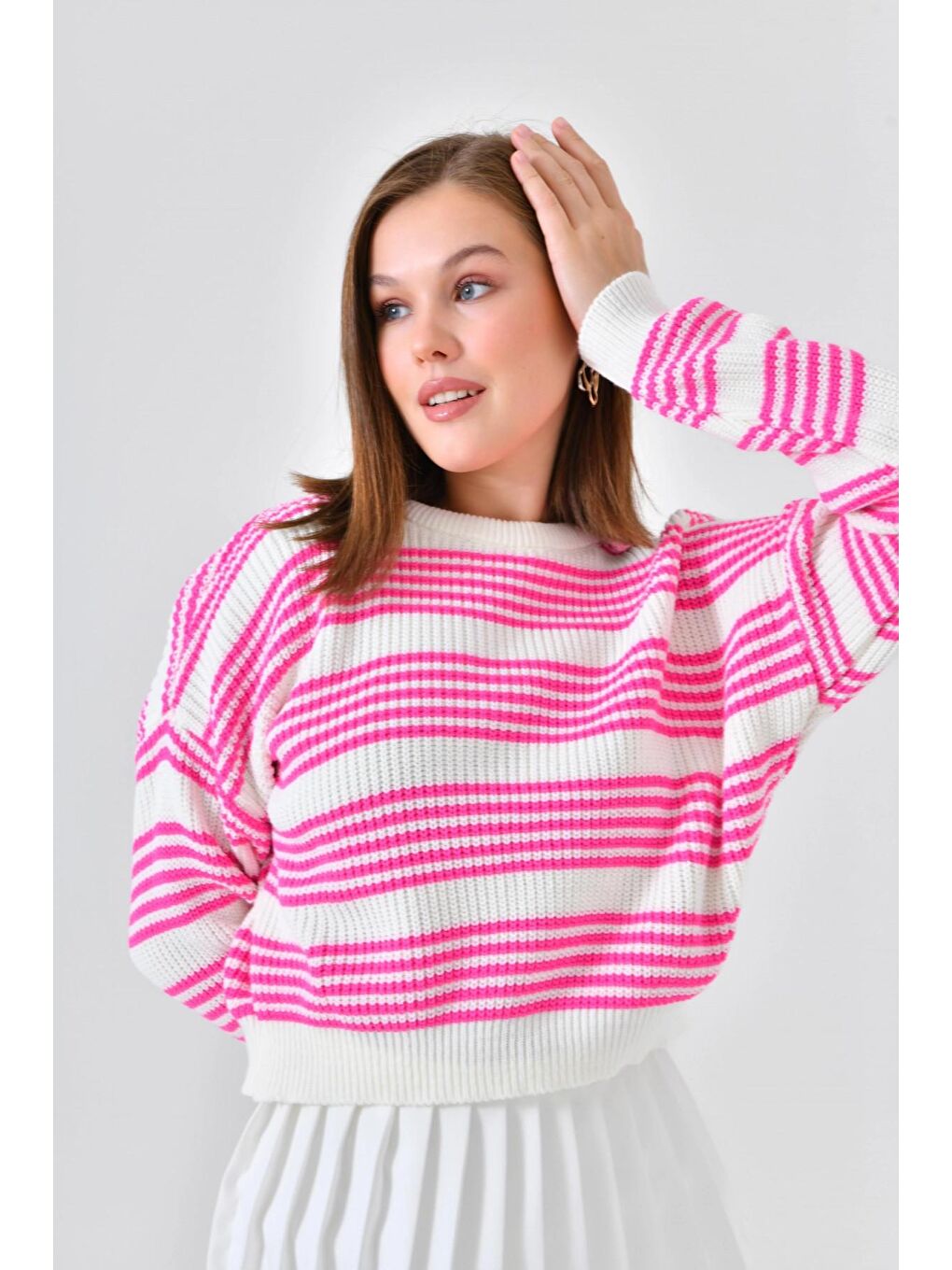 Fuşya Basic Çizgili Bisiklet Yaka Triko Kazak-4