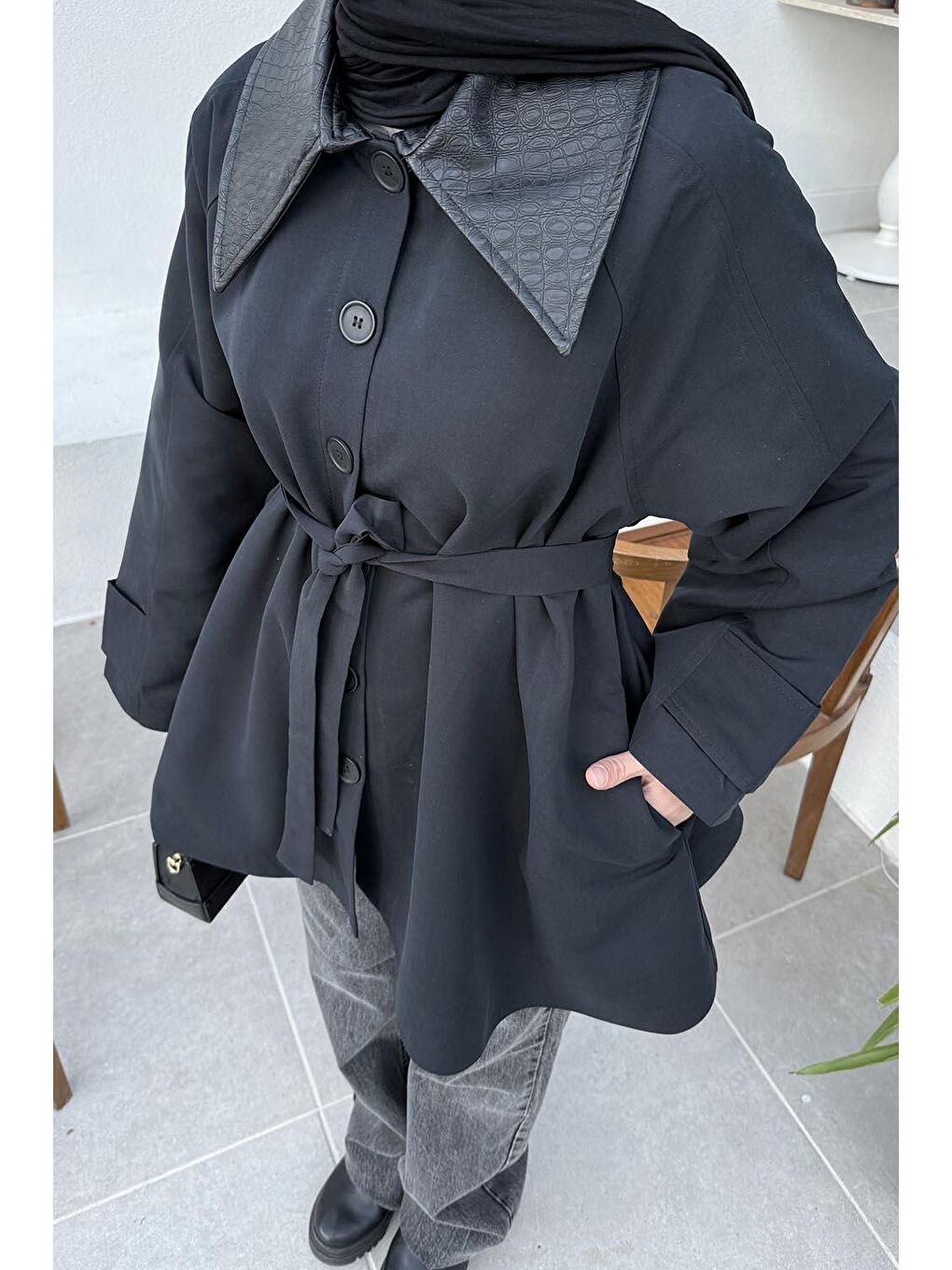 Garni Yaka Trençkot Siyah-2