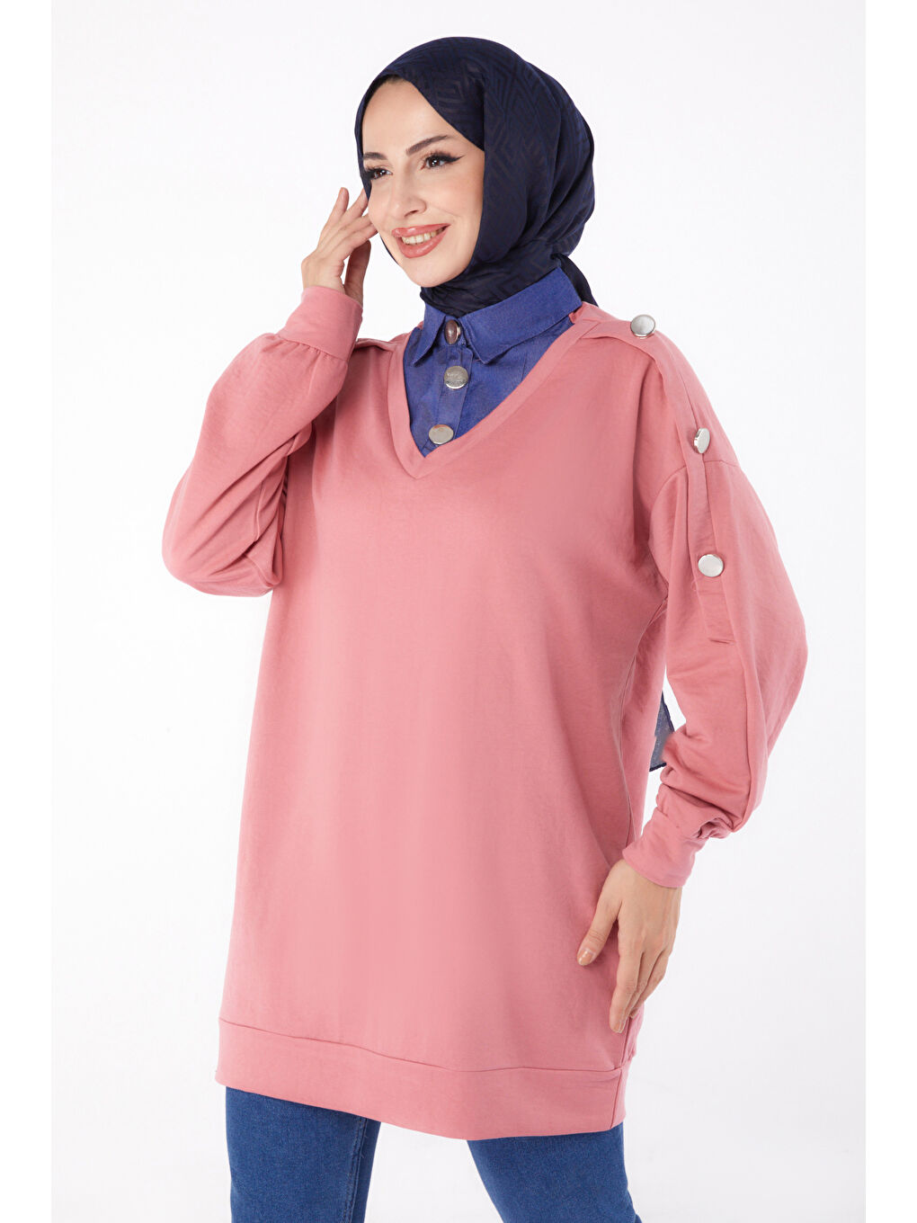 Pembe Jean Detaylı Sweatshirt Gül   13298