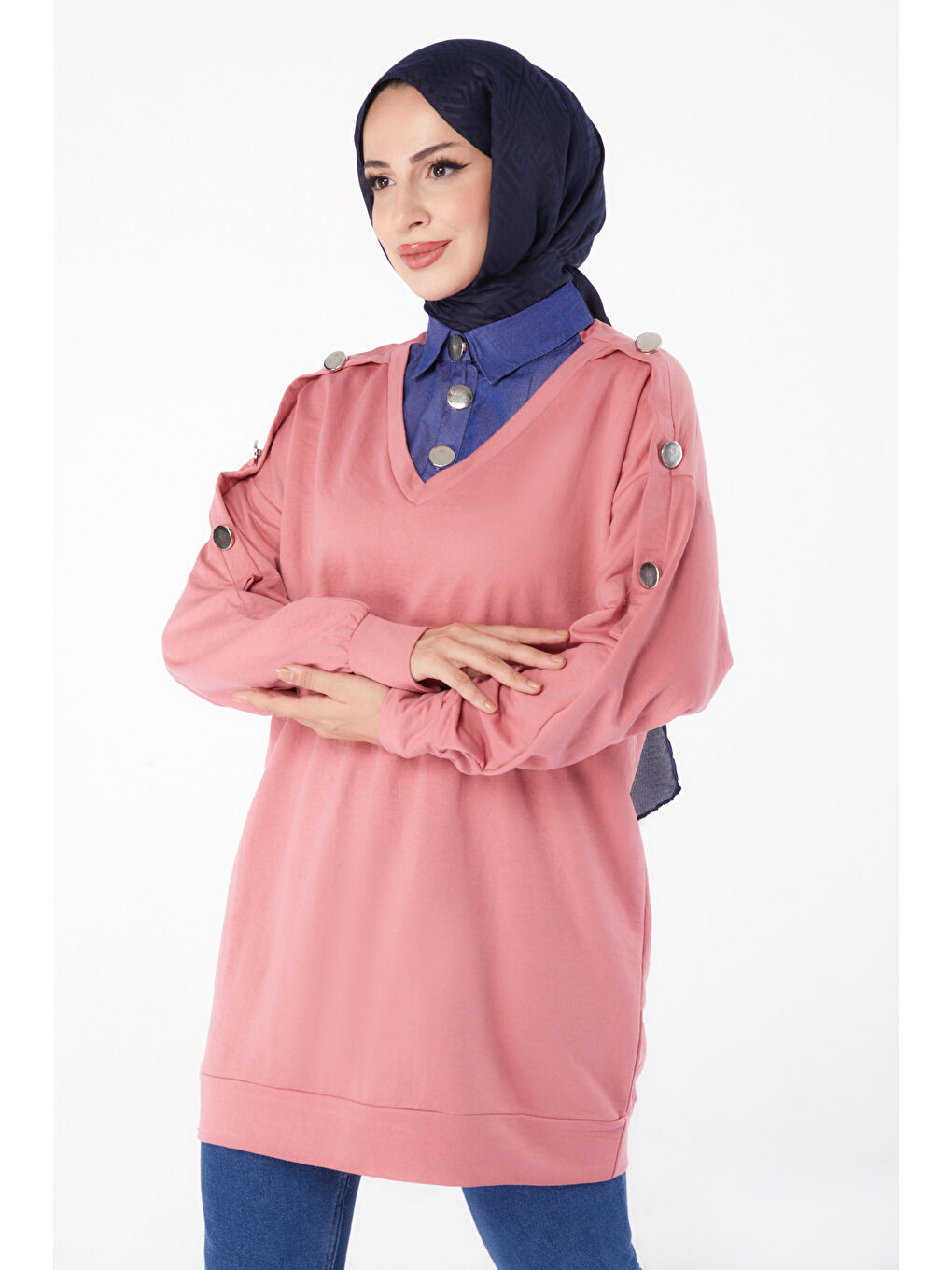 Pembe Jean Detaylı Sweatshirt Gül   13298-1