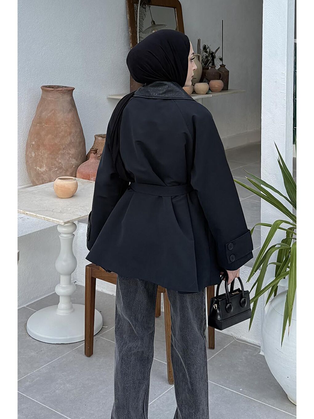 Garni Yaka Trençkot Siyah-3