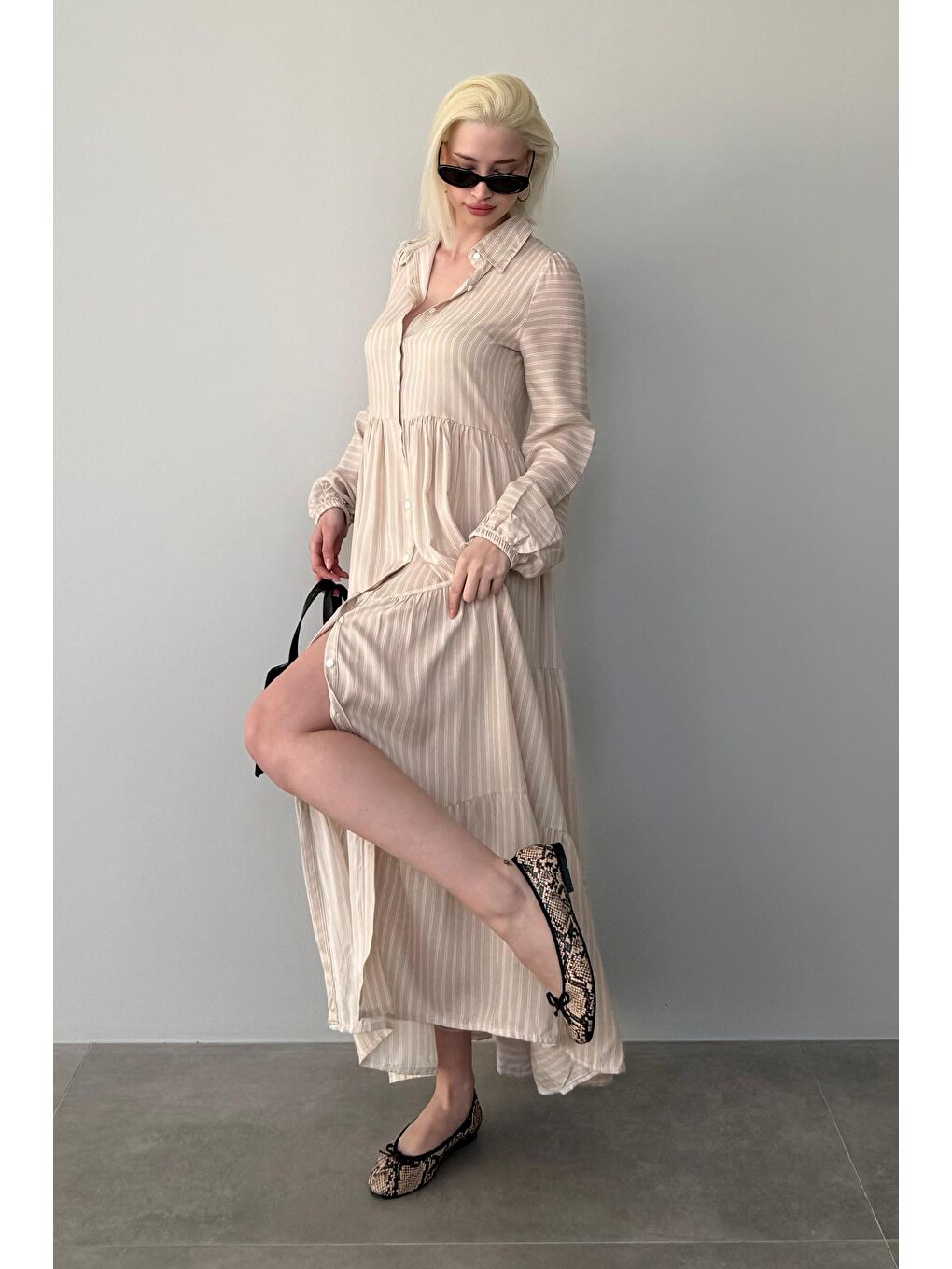 Bej Düğmeli Puantiyeli Uzun Elbise Mg2404-4