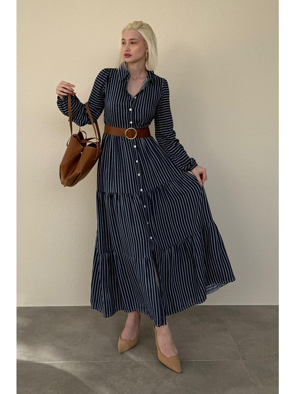 Lacivert Düğmeli Puantiyeli Uzun Elbise Mg2392