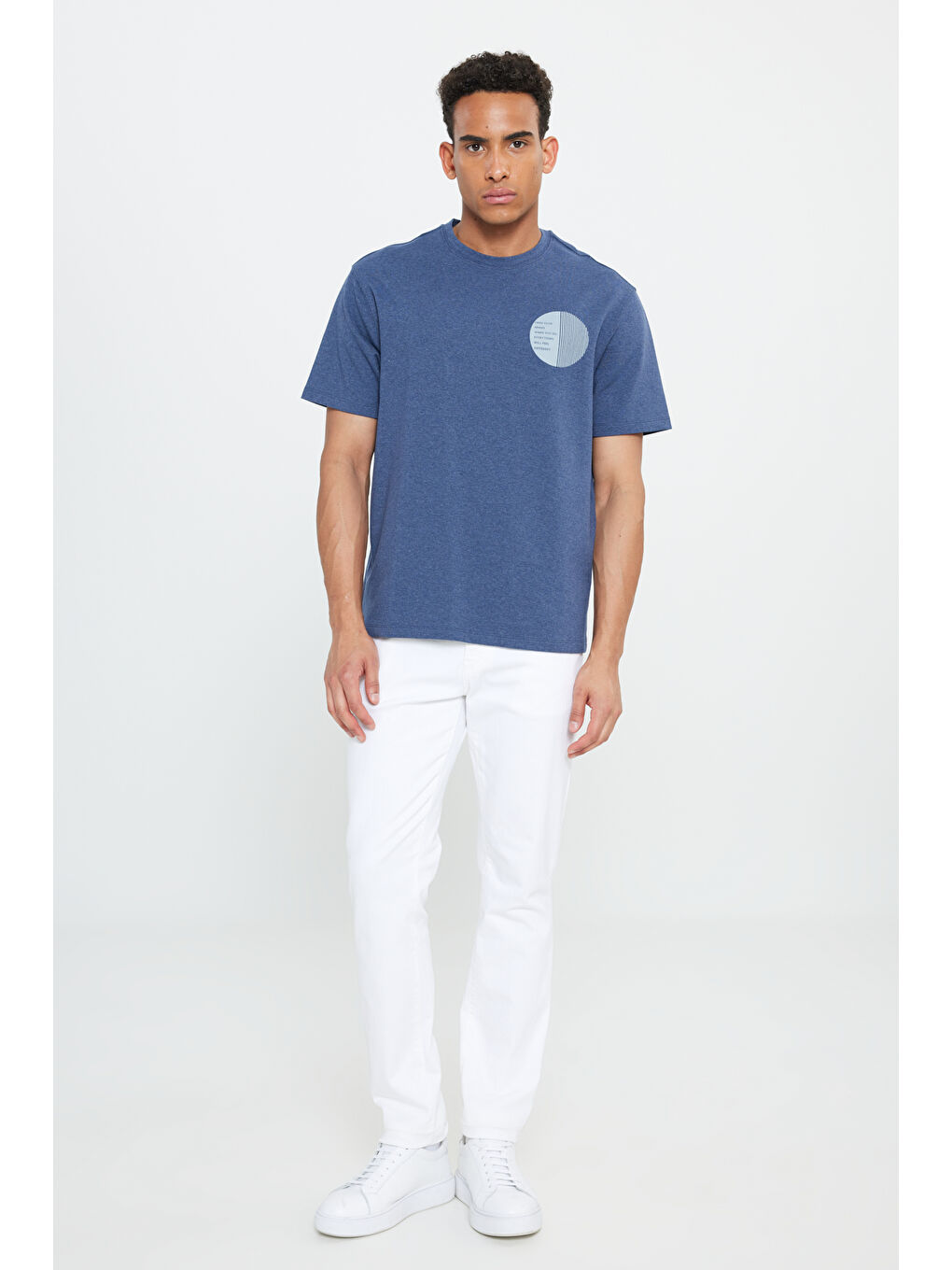 Erkek İndigo Modern Fit Bisiklet Yaka Kısa Kollu Pamuklu Baskılı Sweatshirt-1