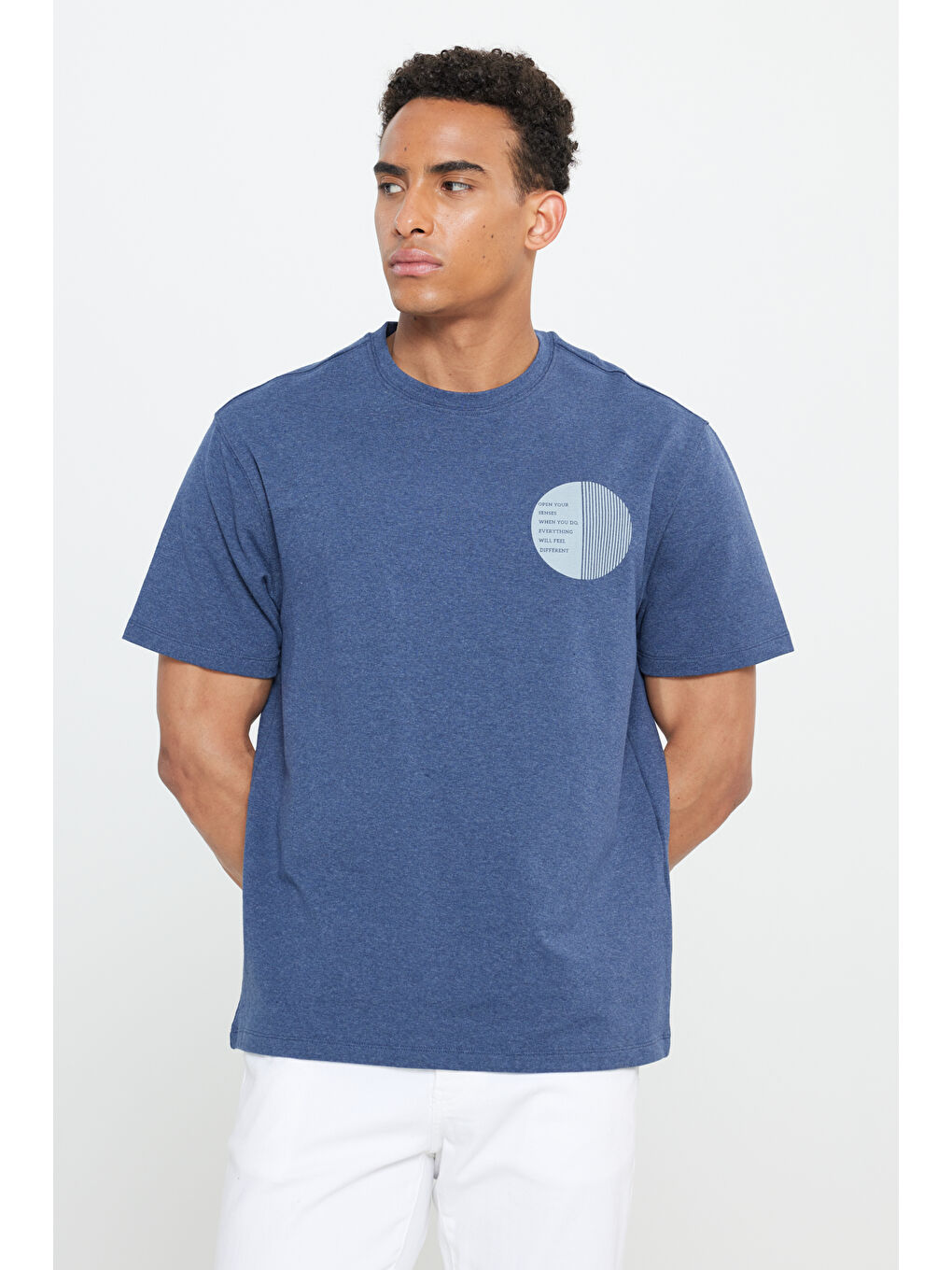 Erkek İndigo Modern Fit Bisiklet Yaka Kısa Kollu Pamuklu Baskılı Sweatshirt-2