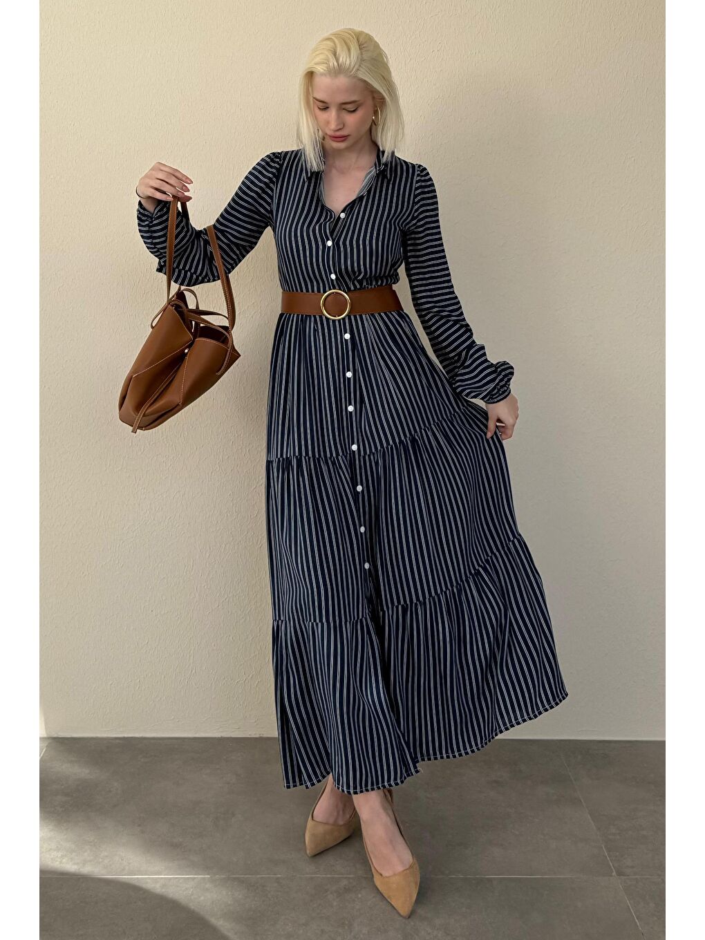 Lacivert Düğmeli Puantiyeli Uzun Elbise Mg2392-2