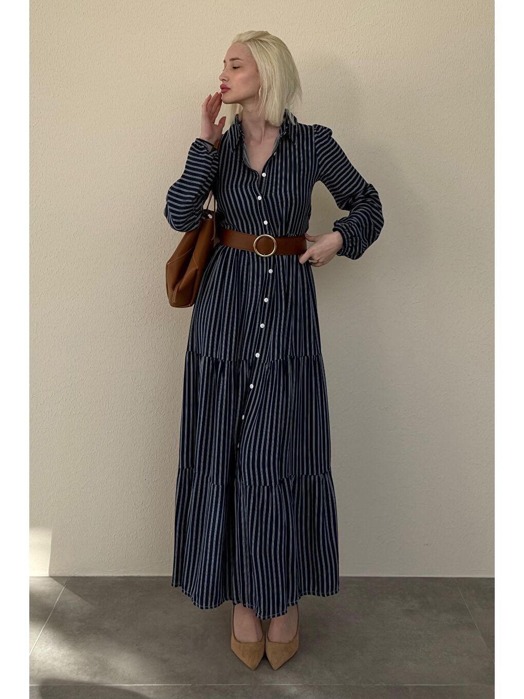 Lacivert Düğmeli Puantiyeli Uzun Elbise Mg2392-3