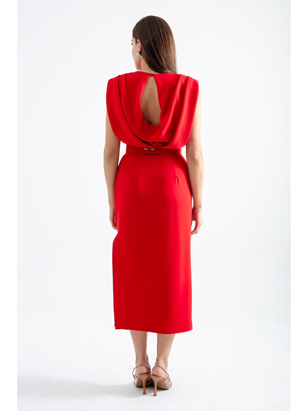 Kadın Kırmızı Taşlı Kemerli Yırtmaçlı Midi Abiye Elbise-4