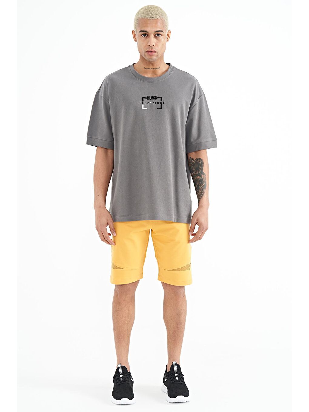 Sarı Hardal Yan Cep Gizli Fermuarlı Baskılı Standart Kalıp Erkek Şort - 81253