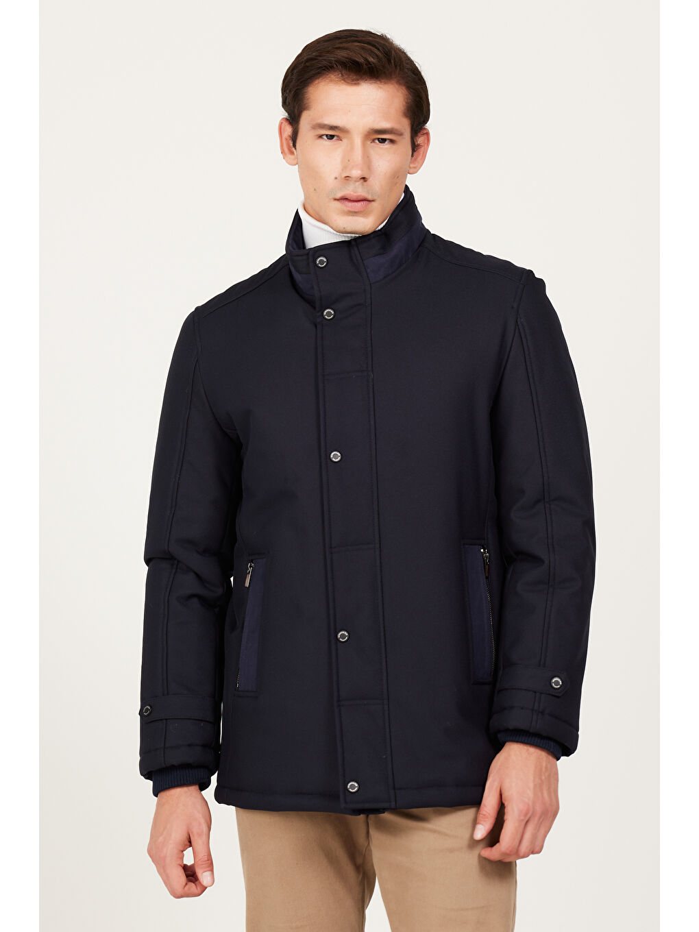 Erkek Lacivert Standart Fit Normal Kesim Dik Yaka Kaban-3