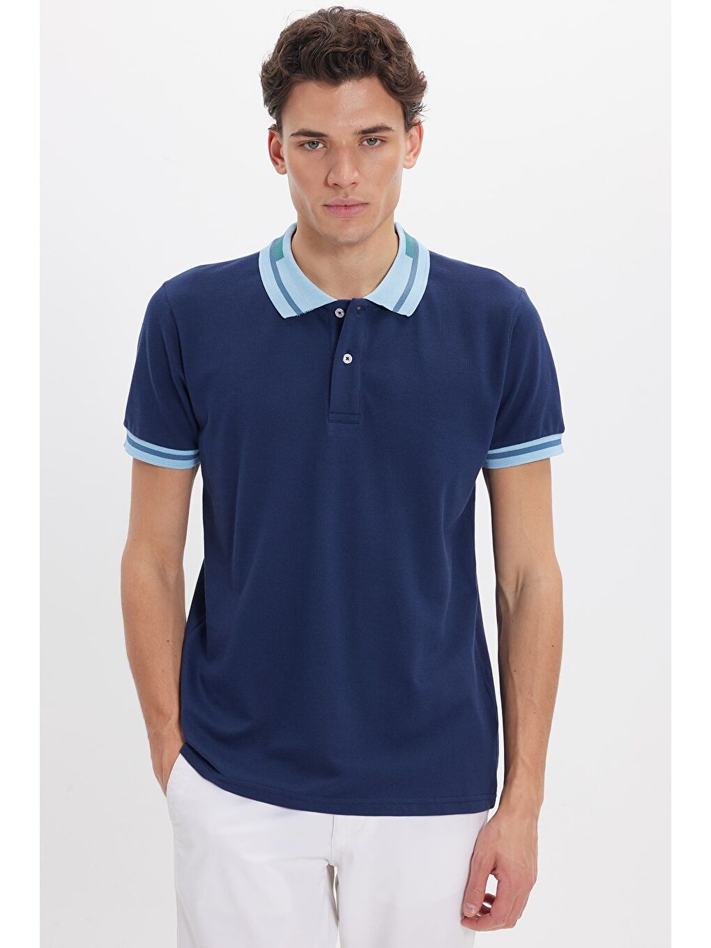 Erkek Slim Fit Dar Kesim %100 Pamuk Düz Pike Yaka Ve Kol Detaylı Lacivert Polo Yaka Tişört-2