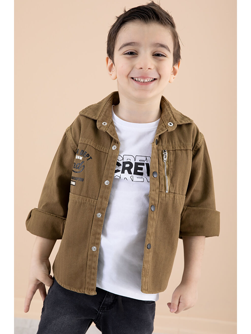 Kahverengi Erkek Çocuk Taba Fermuar Cepli Yazı Baskılı Tişörtlü Ceket 20093-2