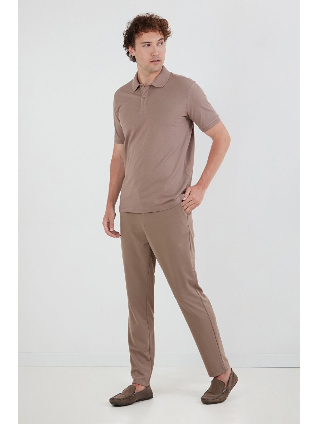 Bej Basic Polo Yaka Yarım Düğmeli Tişört-2