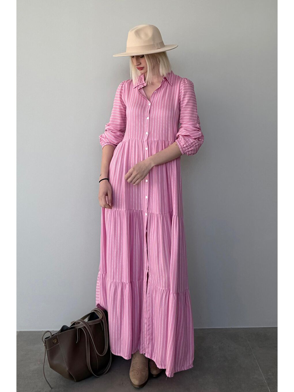 Pembe Düğmeli Puantiyeli Uzun Elbise Mg2404-2