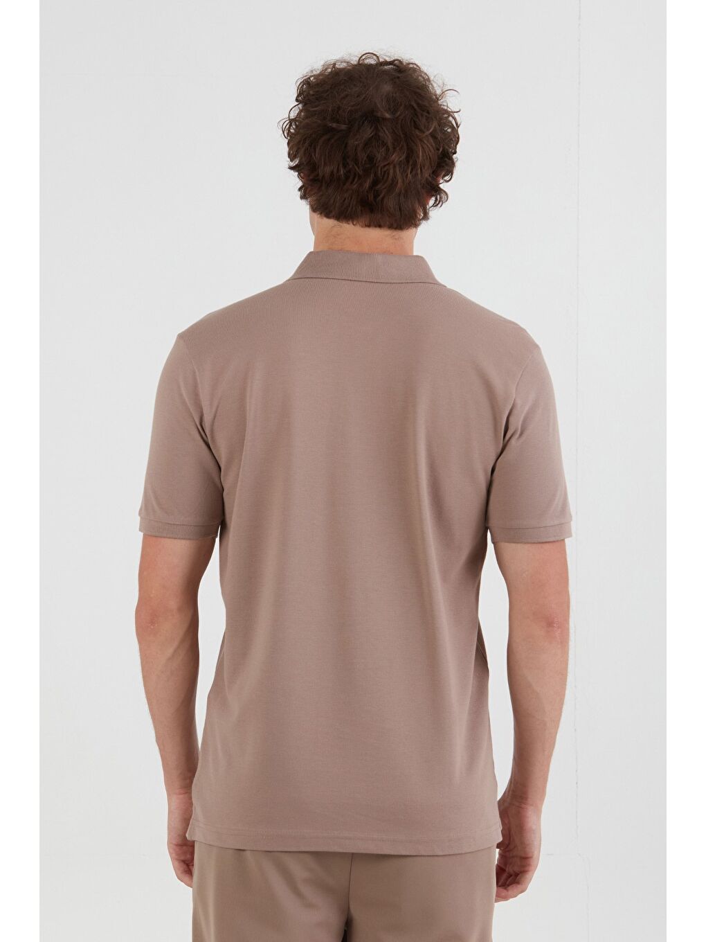 Bej Basic Polo Yaka Yarım Düğmeli Tişört-3